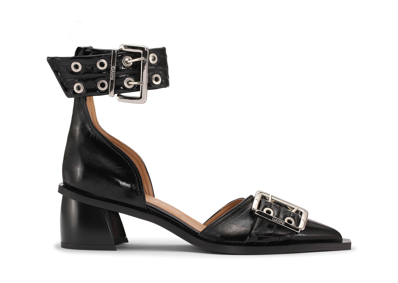 Black Chunky Buckle Open Cut Pumps, Polyester, in colour Black - 1 - GANNI