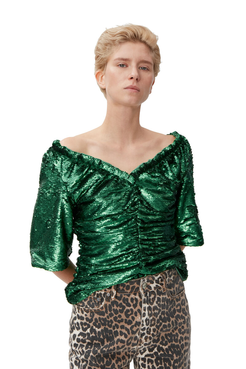 Sequinned Blouse, Polyester, in colour Kelly Green - 4 - GANNI