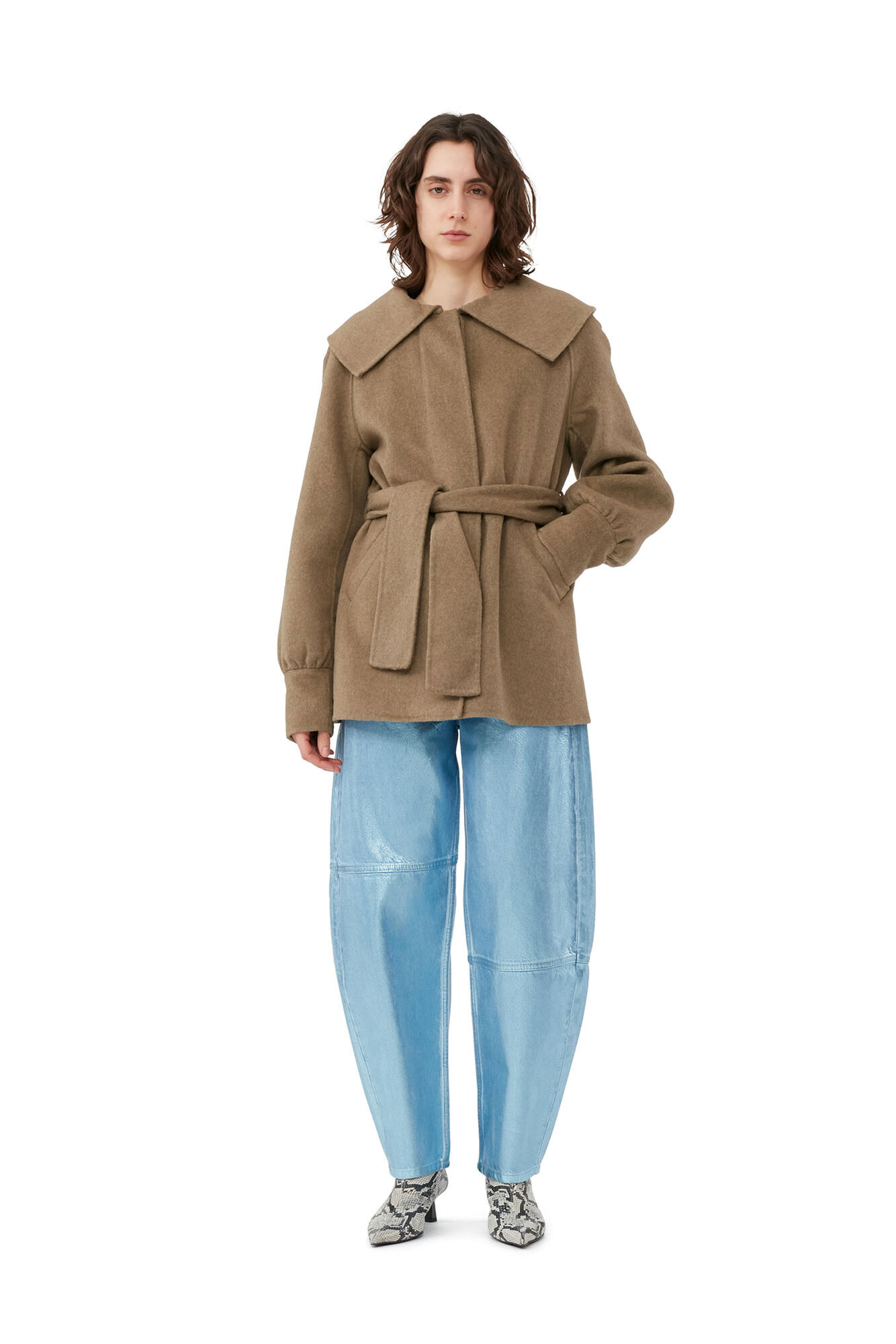 Brown Wool Collar Jacket, Polyamide, in colour Petrified Oak - 1 - GANNI