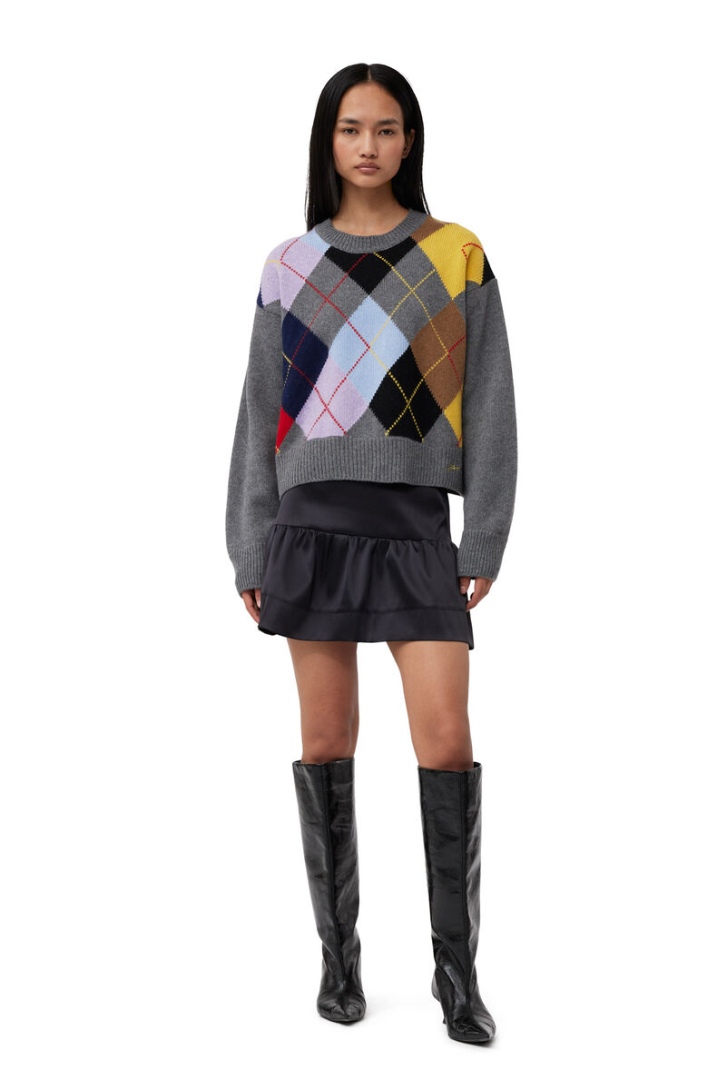 Harlequin Wool Mix Oversized O-neck Pullover, Recycled Polyamide, in colour Frost Gray - 2 - GANNI