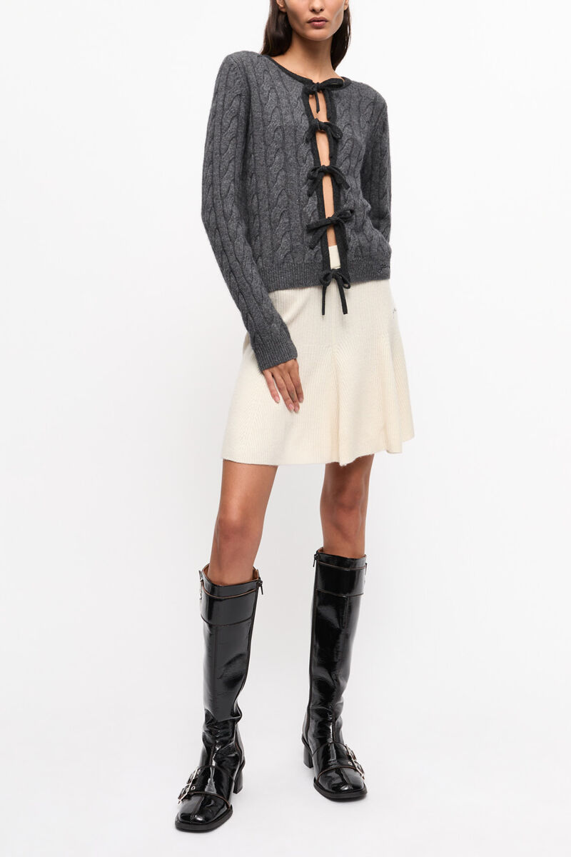 Grey and Black Cashmere Mix Tie String Cardigan, Merino Wool, in colour Phantom - 3 - GANNI
