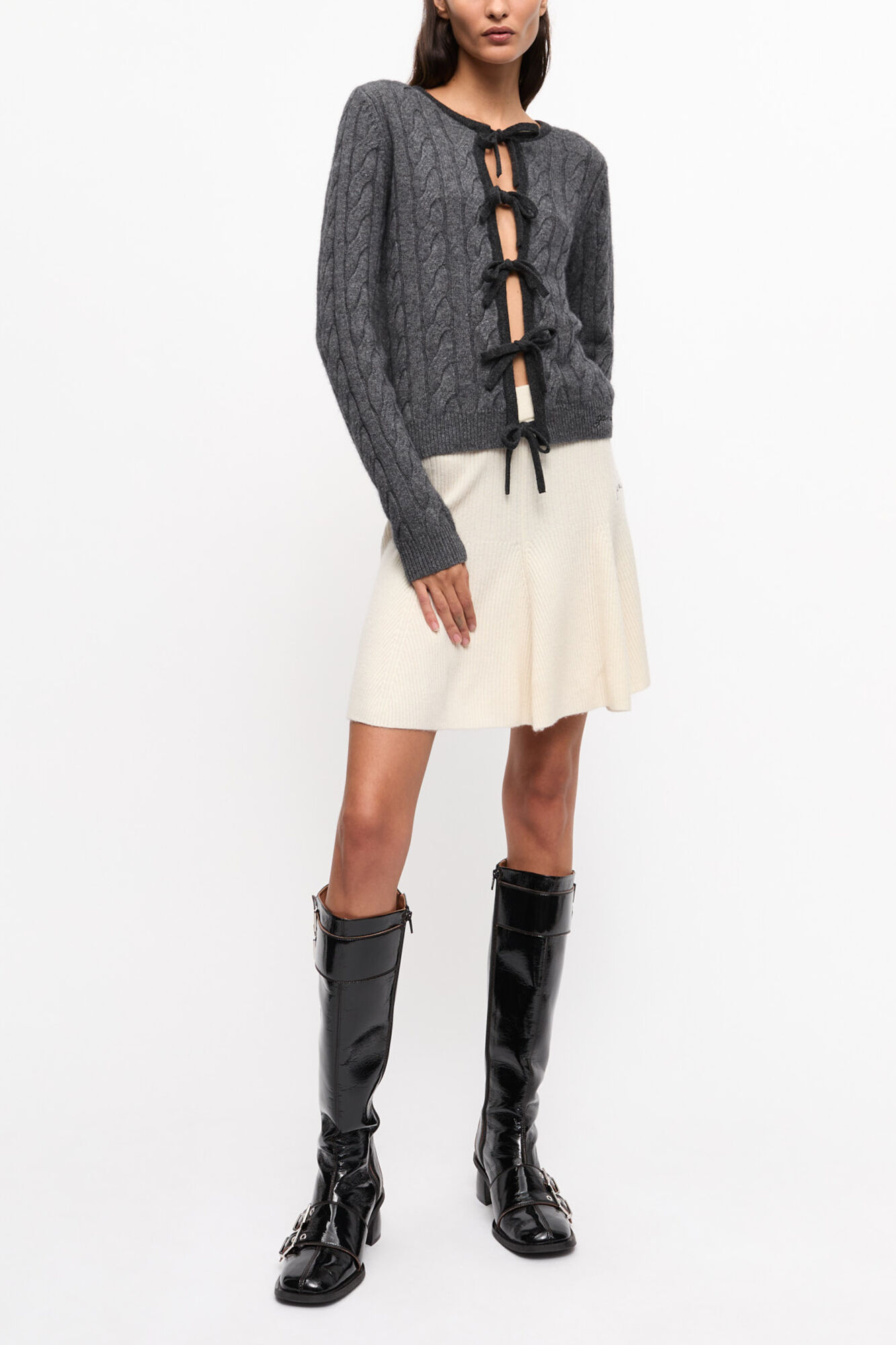 Grey and Black Cashmere Mix Tie String Cardigan, Merino Wool, in colour Phantom - 3 - GANNI