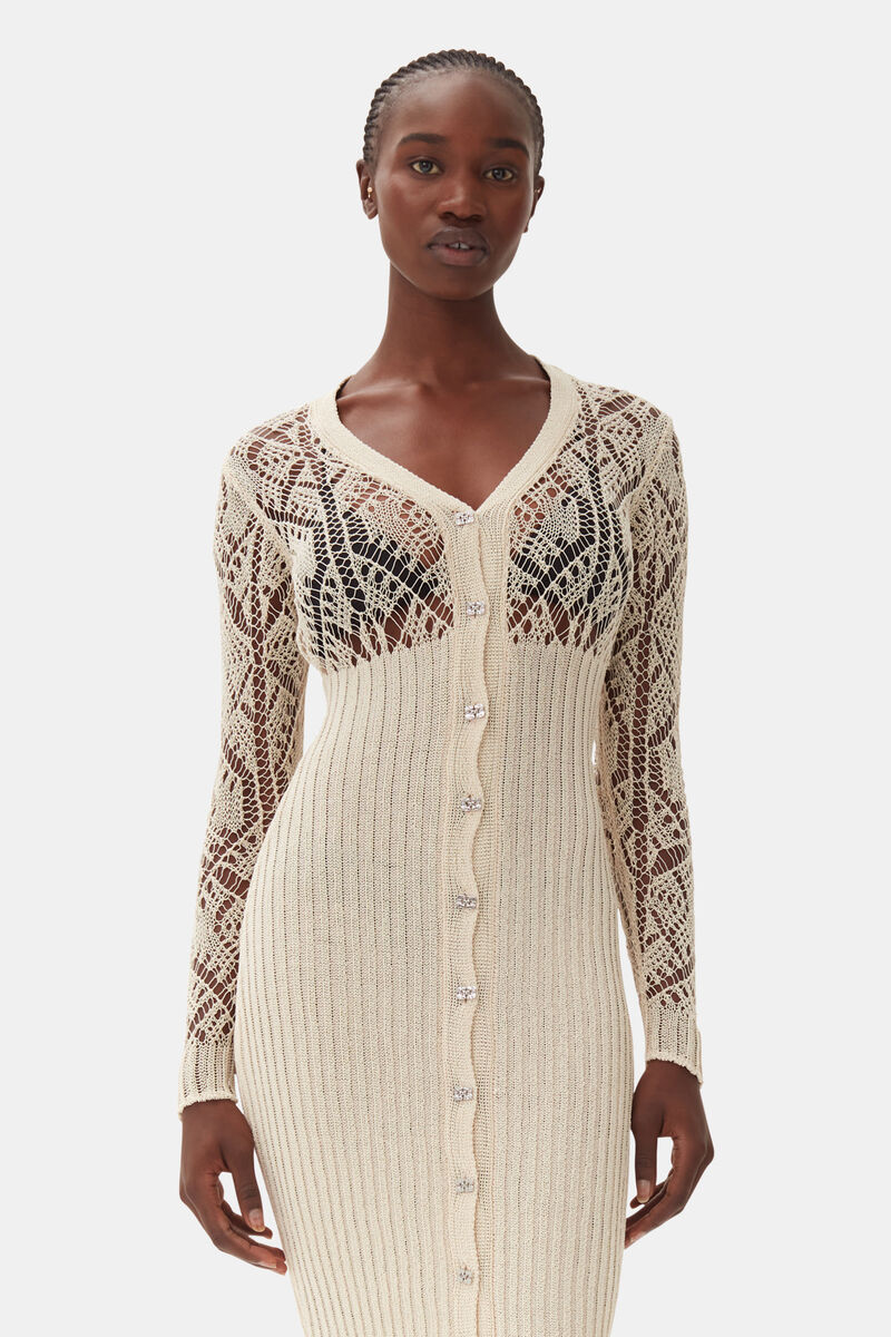 Beige Cotton Lace Button Down Maxi Dress, Cotton, in colour Egret - 2 - GANNI