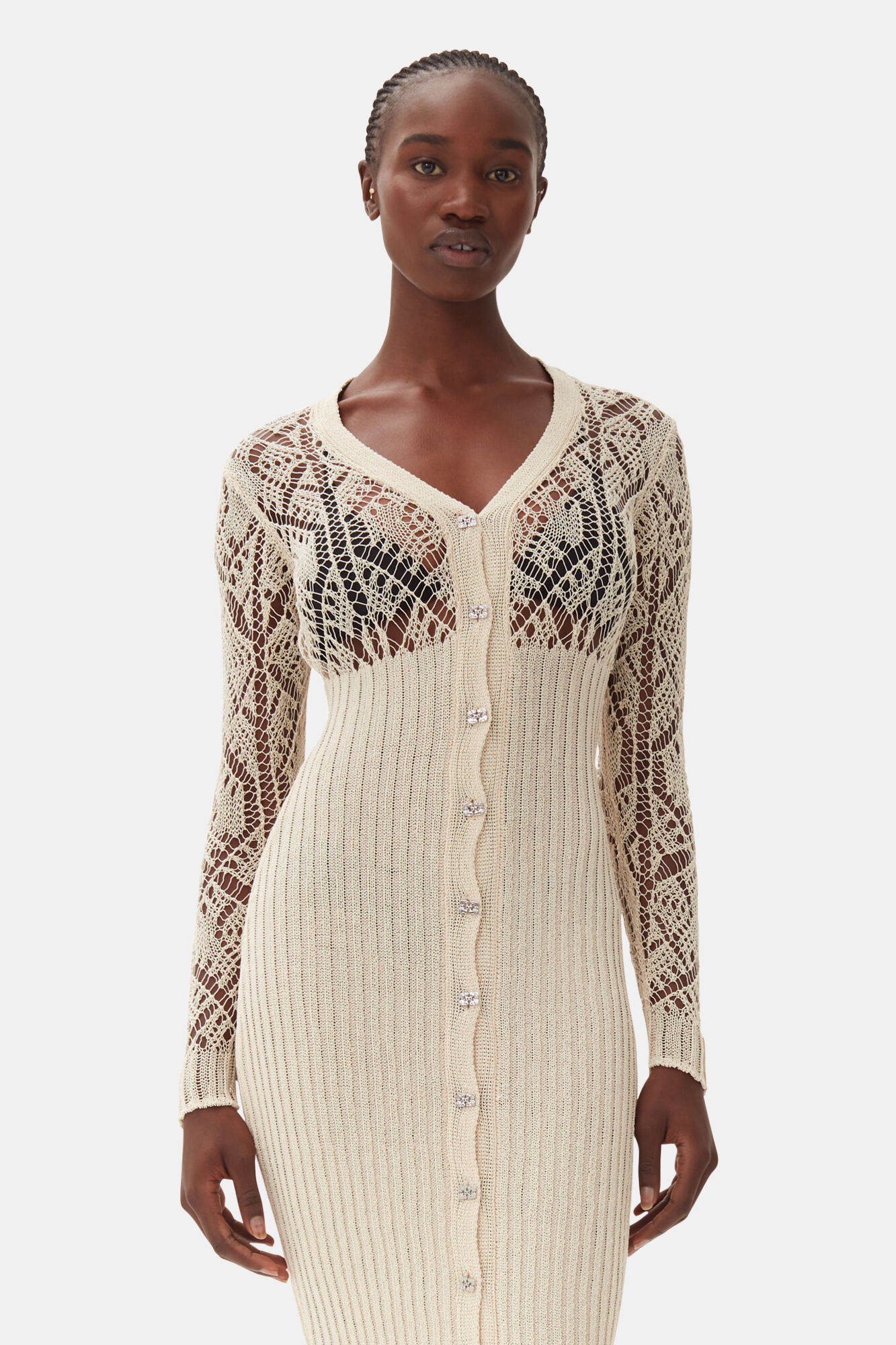 Beige Cotton Lace Button Down Maxi Dress, Cotton, in colour Egret - 2 - GANNI