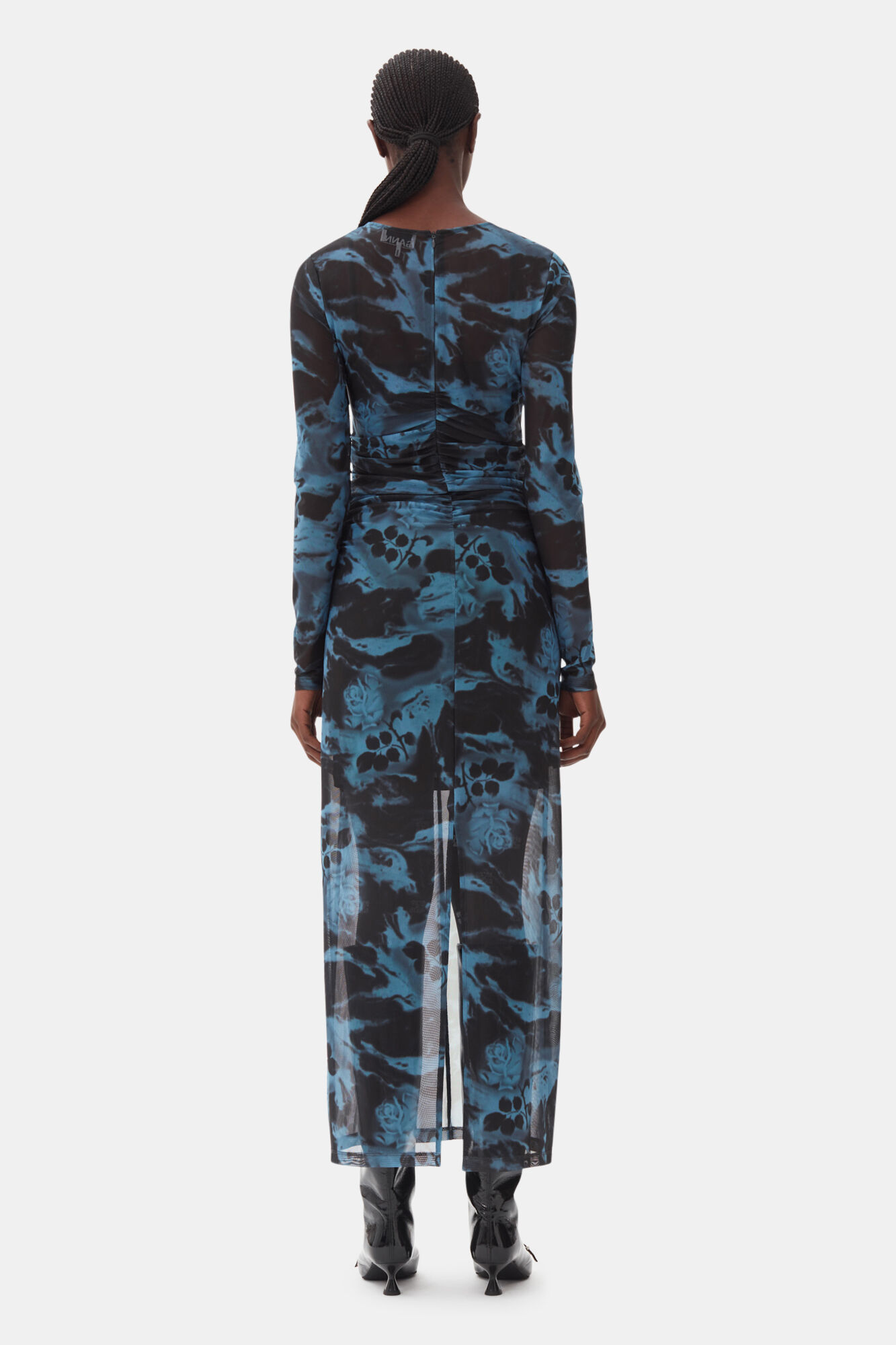 Blue Printed Mesh O-neck Ruched Long Dress, Elastane, in colour Blue Shadow - 4 - GANNI