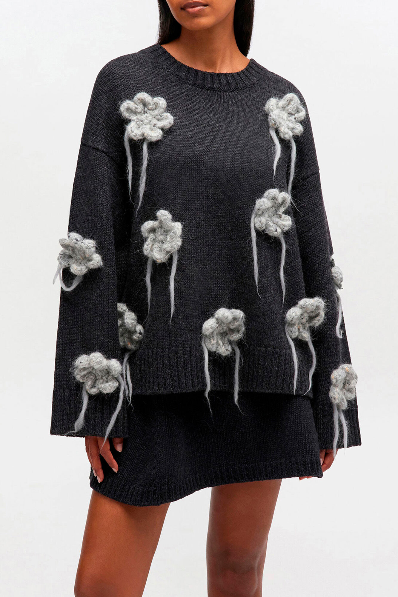 Dark Grey Flower Crochet Sweater, Wool, in colour Phantom - 1 - GANNI