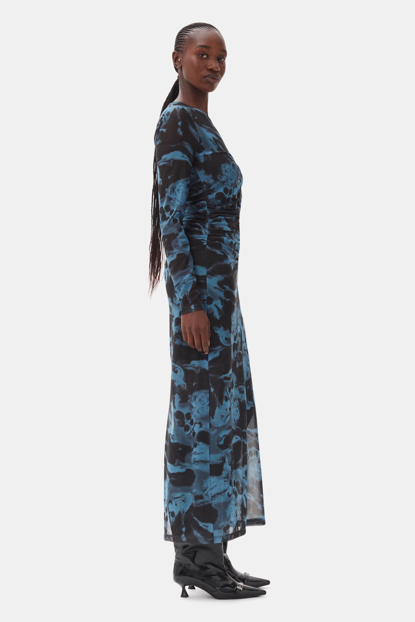 Blue Printed Mesh O-neck Ruched Long Dress, Elastane, in colour Blue Shadow - 3 - GANNI
