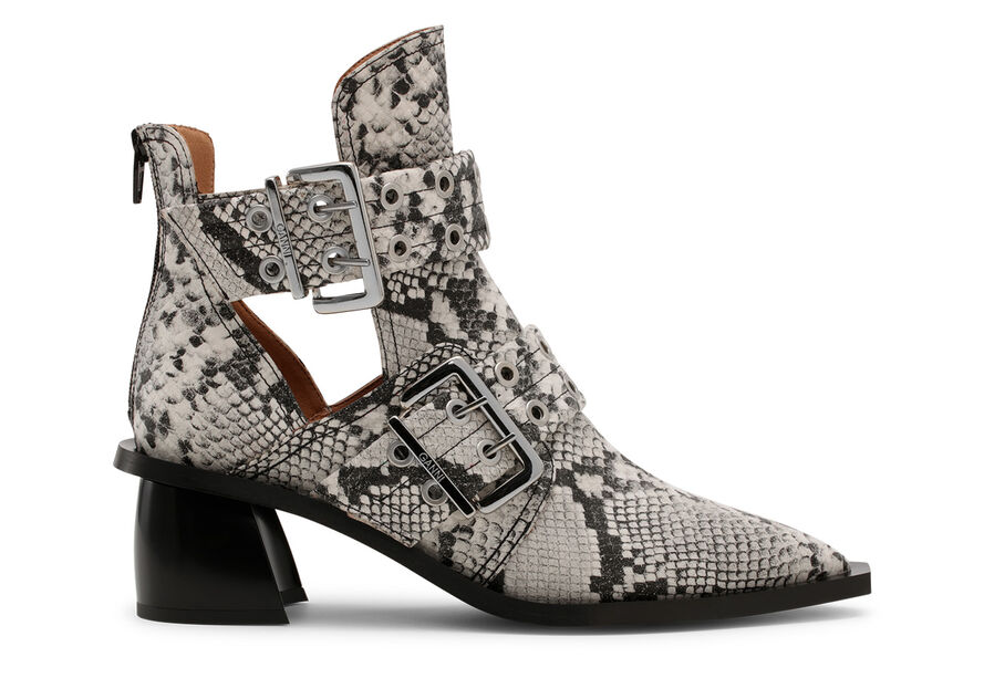 Ganni Snake Printed Chunky Buckle Open Cut Boots