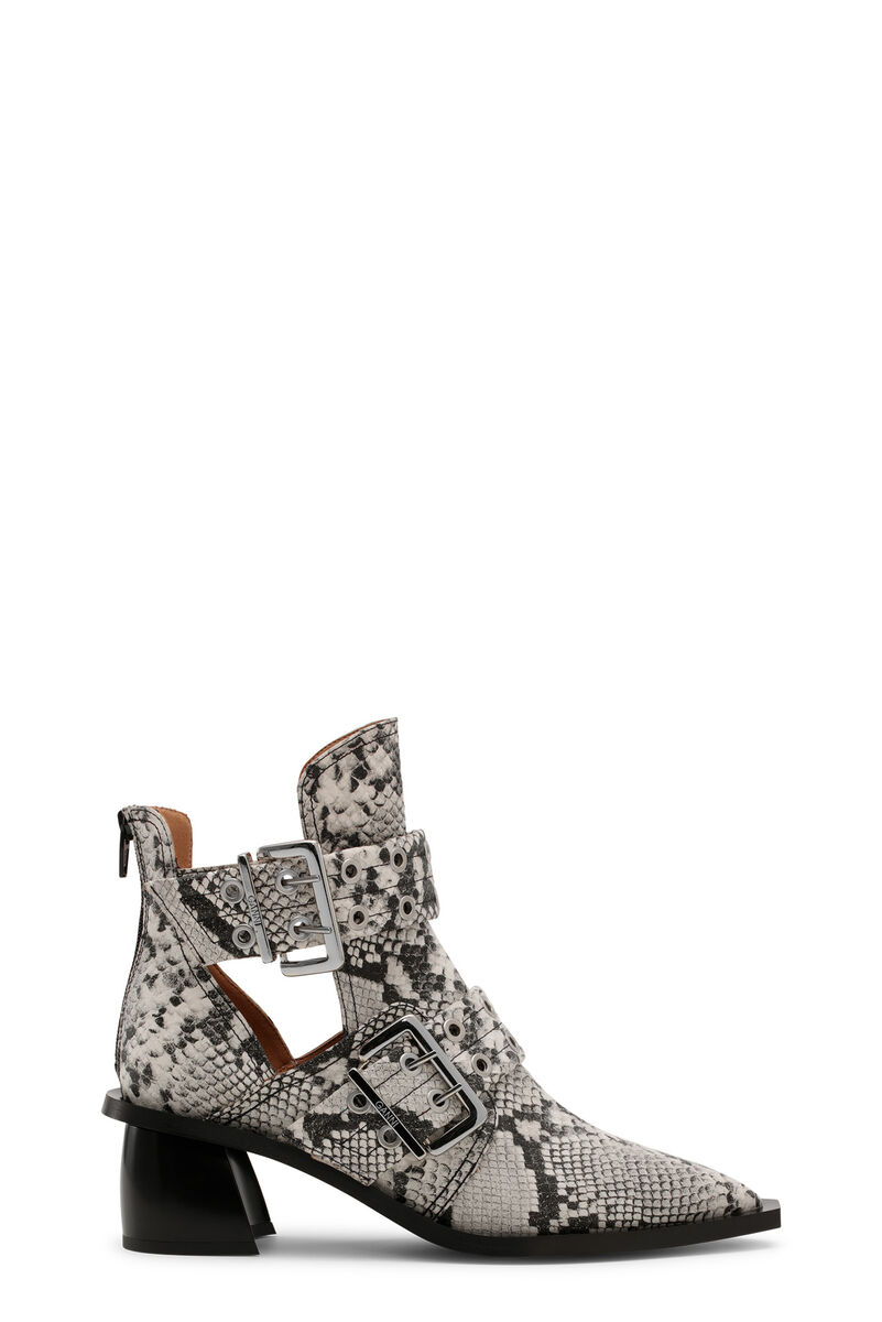Snake Printed Chunky Buckle Open Cut Boots, Polyester, in colour Sand - 1 - GANNI