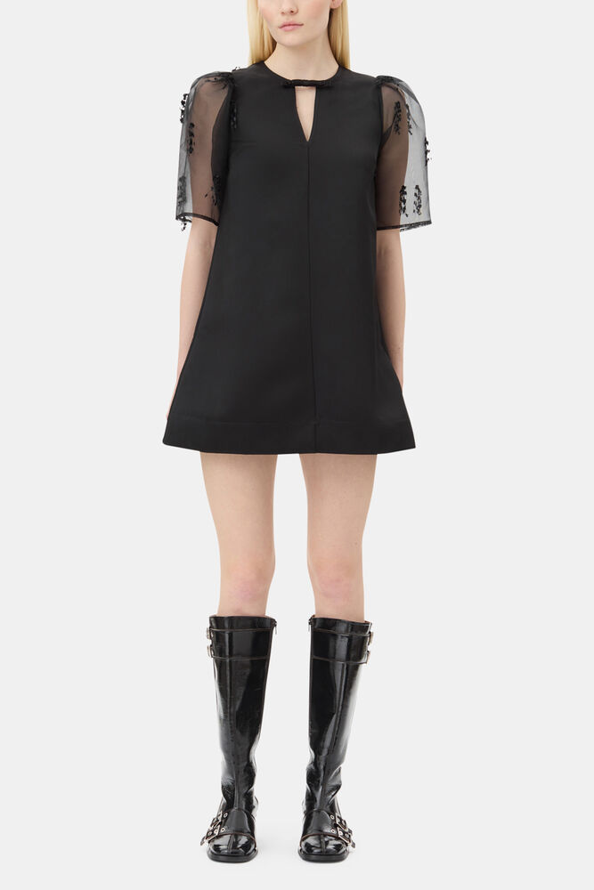 Black Fringed Organza Mini Dress, Black