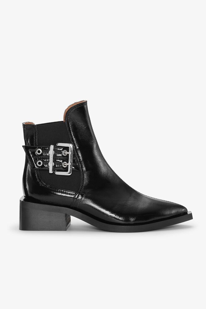 Black Chunky Buckle Chelsea Boots, Black