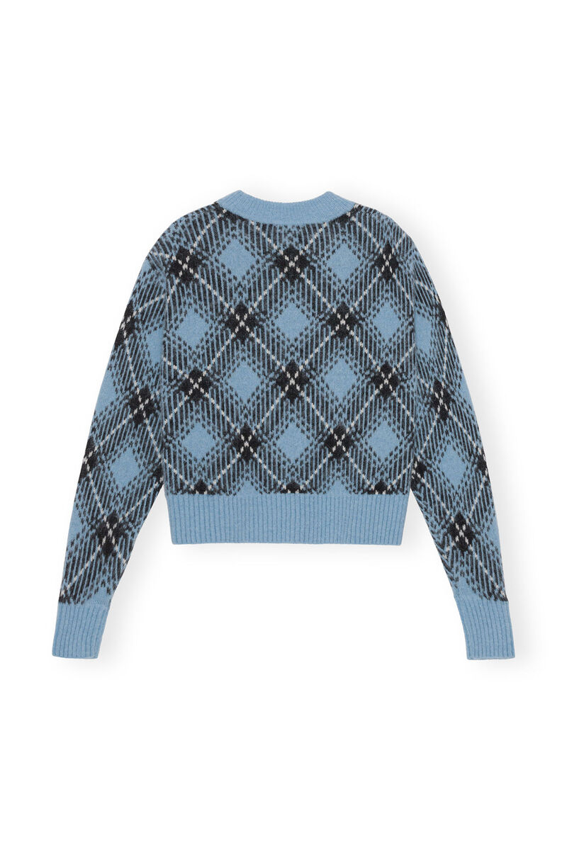 Blue Checkered Oversized Wool Pullover, Alpaca, in colour Silver Lake Blue - 2 - GANNI