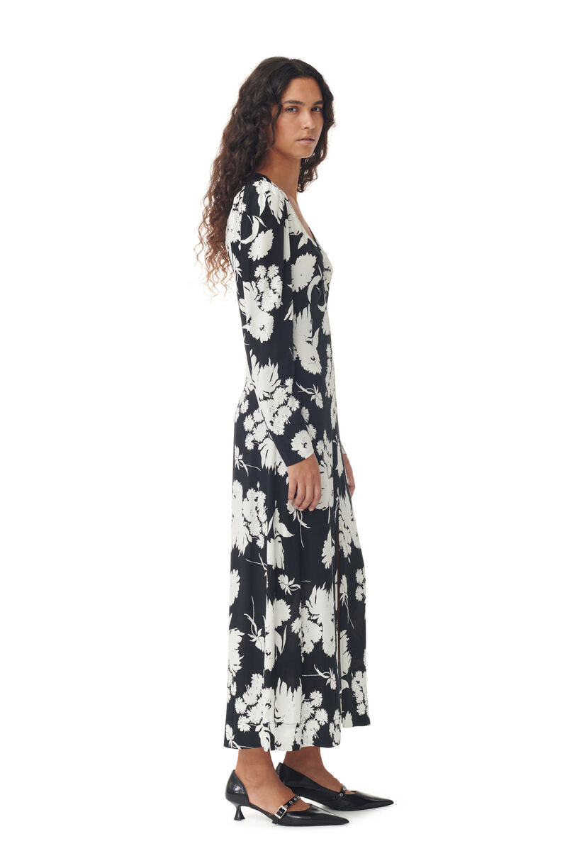 Printed Crepe V-neck Dress, LENZING™ ECOVERO™, in colour Black - 3 - GANNI