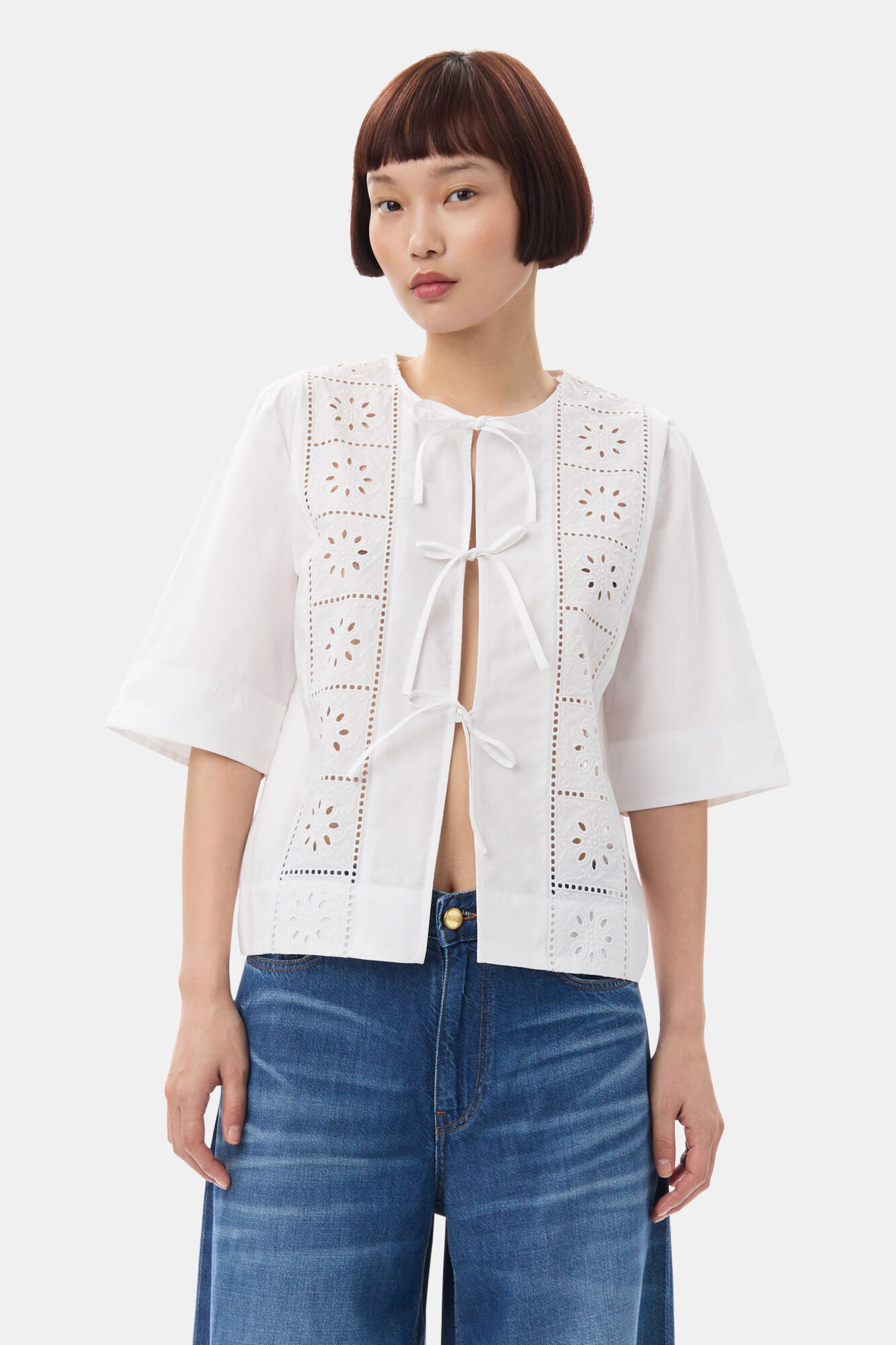 White Broderie Anglaise Tie Blouse, Cotton, in colour Bright White - 1 - GANNI