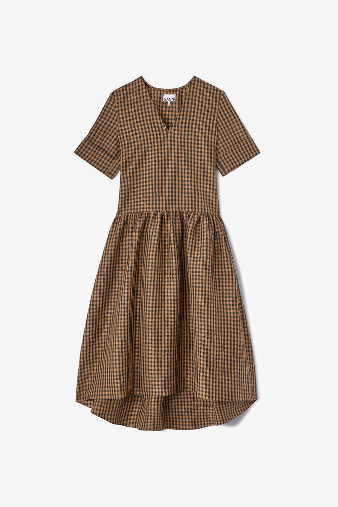 Crinkled Check Long Dress, Tobacco Brown