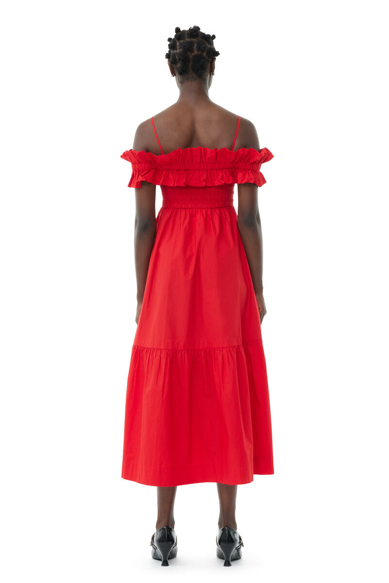 Red Cotton Poplin Long Smock klänning, Cotton, in colour Racing Red - 4 - GANNI