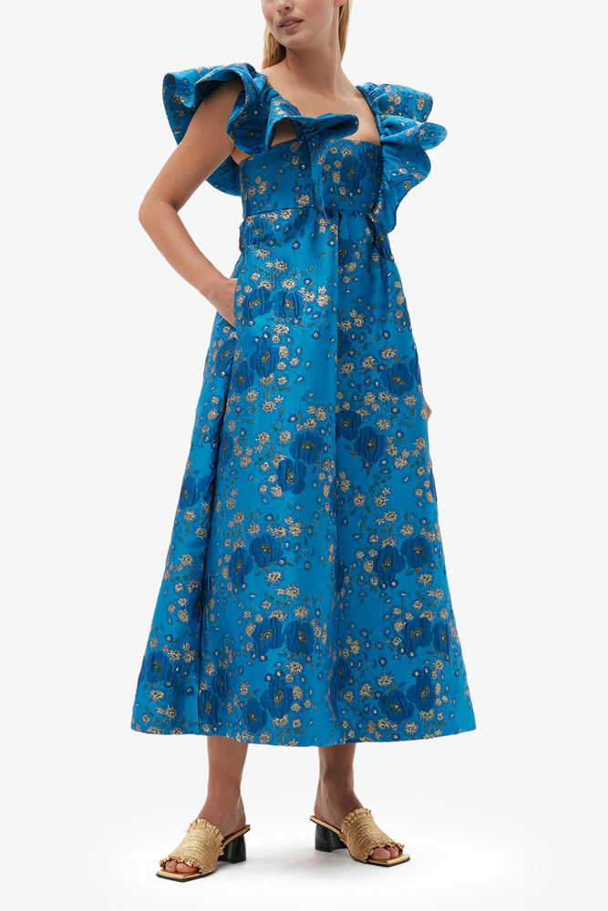 3D Jacquard Ruffle Midi Dress, Brilliant Blue