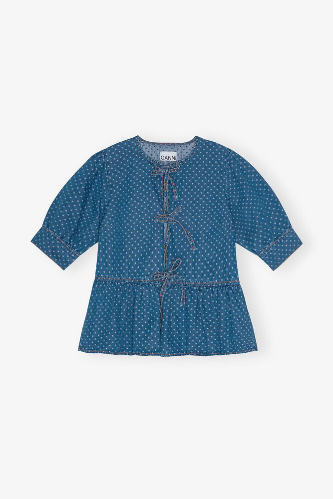 Blue Polka Dot Denim Peplum Blouse, Mid Blue Stone