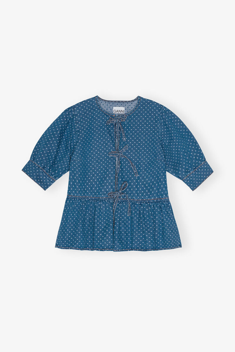 Blue Polka Dot Denim Peplum Blouse, Cotton, in colour Mid Blue Stone - 1 - GANNI