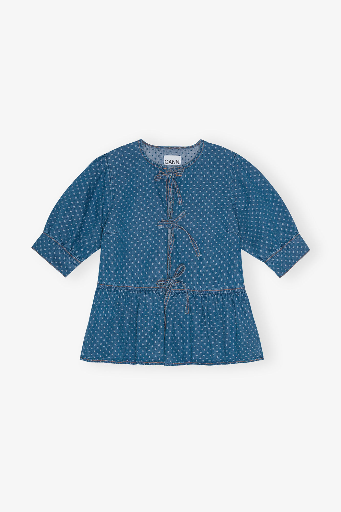 Blue Polka Dot Denim Peplum Blouse, Cotton, in colour Mid Blue Stone - 1 - GANNI
