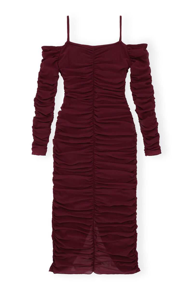 GANNI X ESTER MANAS Mesh Off Shoulder Gather Dress, Recycled Nylon, in colour Port Royale - 2 - GANNI