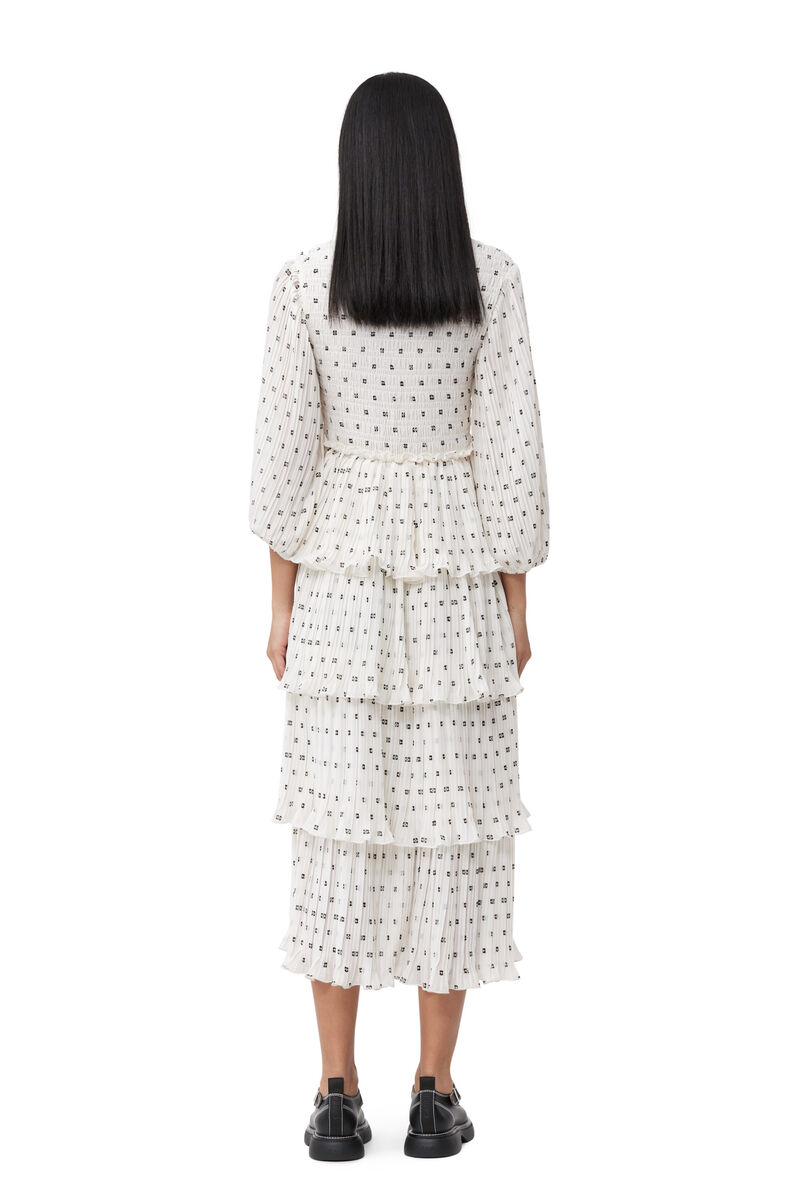 White Pleated Georgette Flounce Smock Midi Dress, Recycled Polyester, in colour Egret - 2 - GANNI