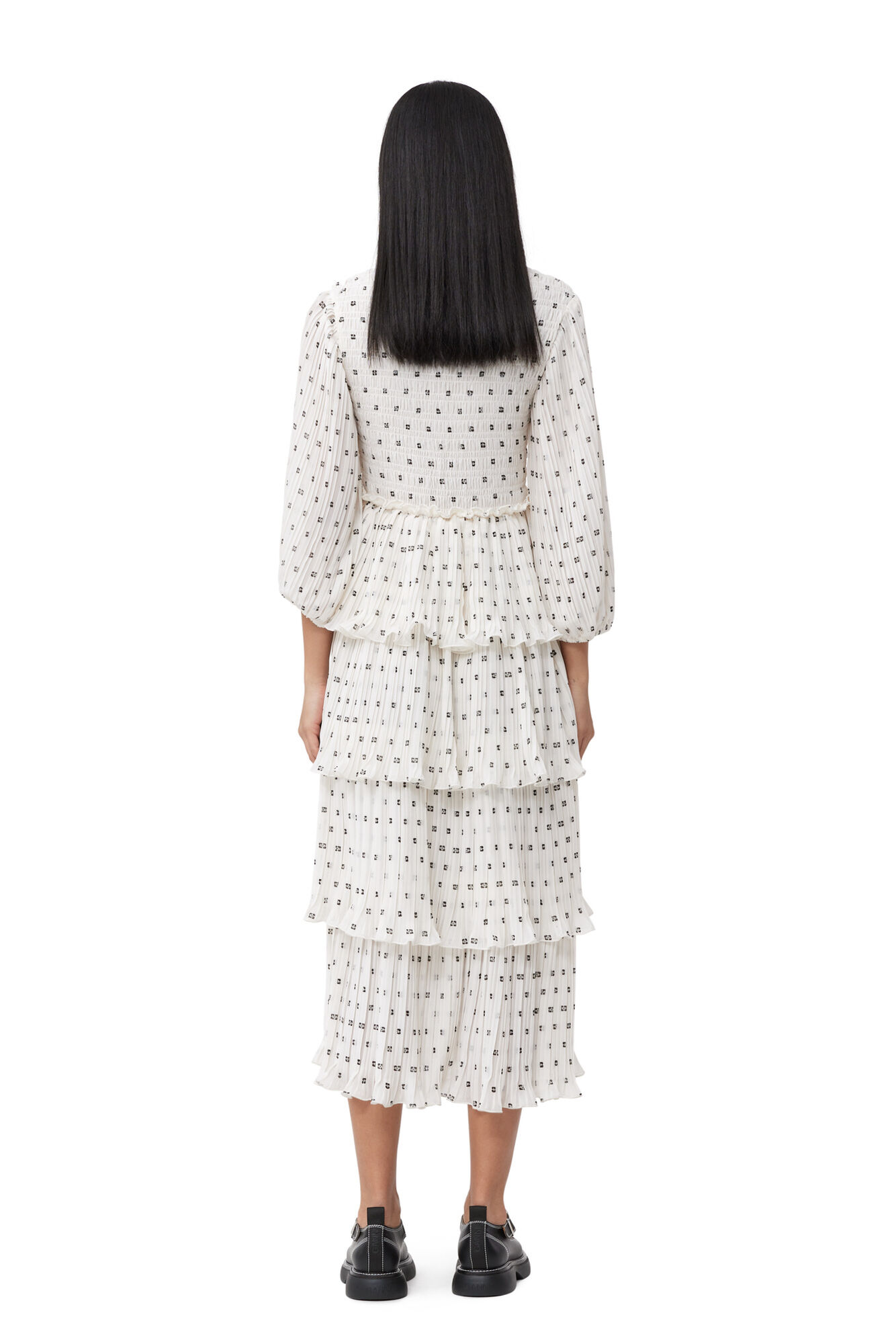 White Pleated Georgette Flounce Smock Midikjole, Recycled Polyester, in colour Egret - 2 - GANNI