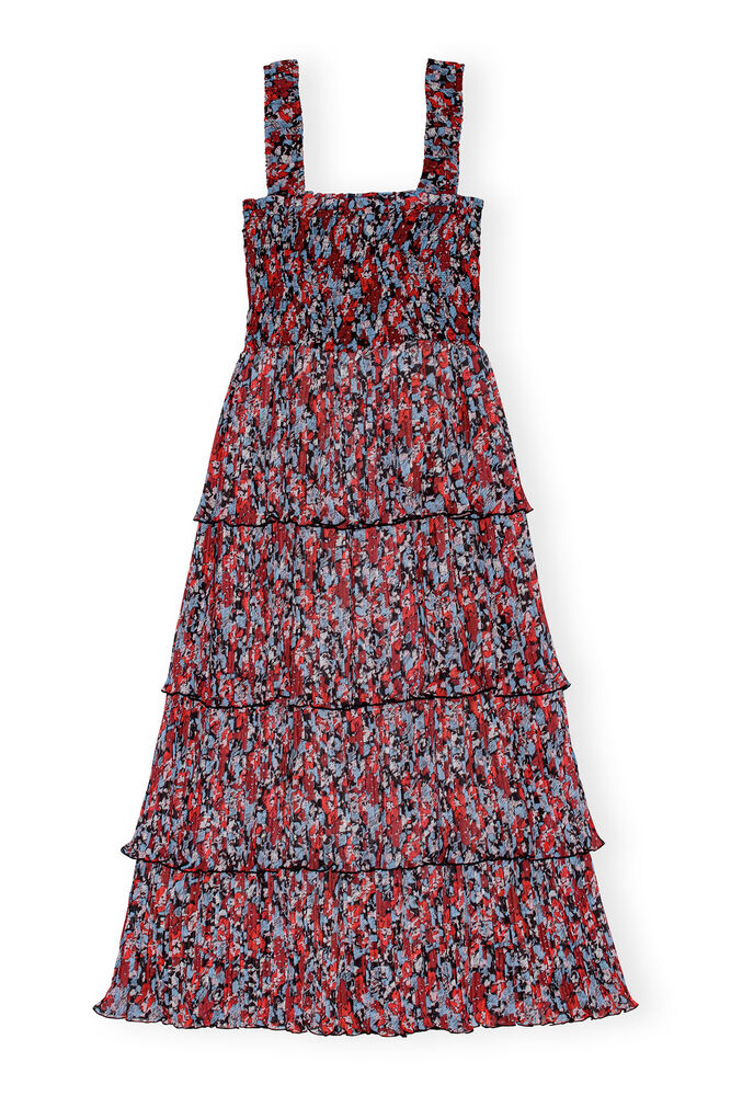 Red Pleated Georgette Flounce Smock Midi Dress, High Risk Red