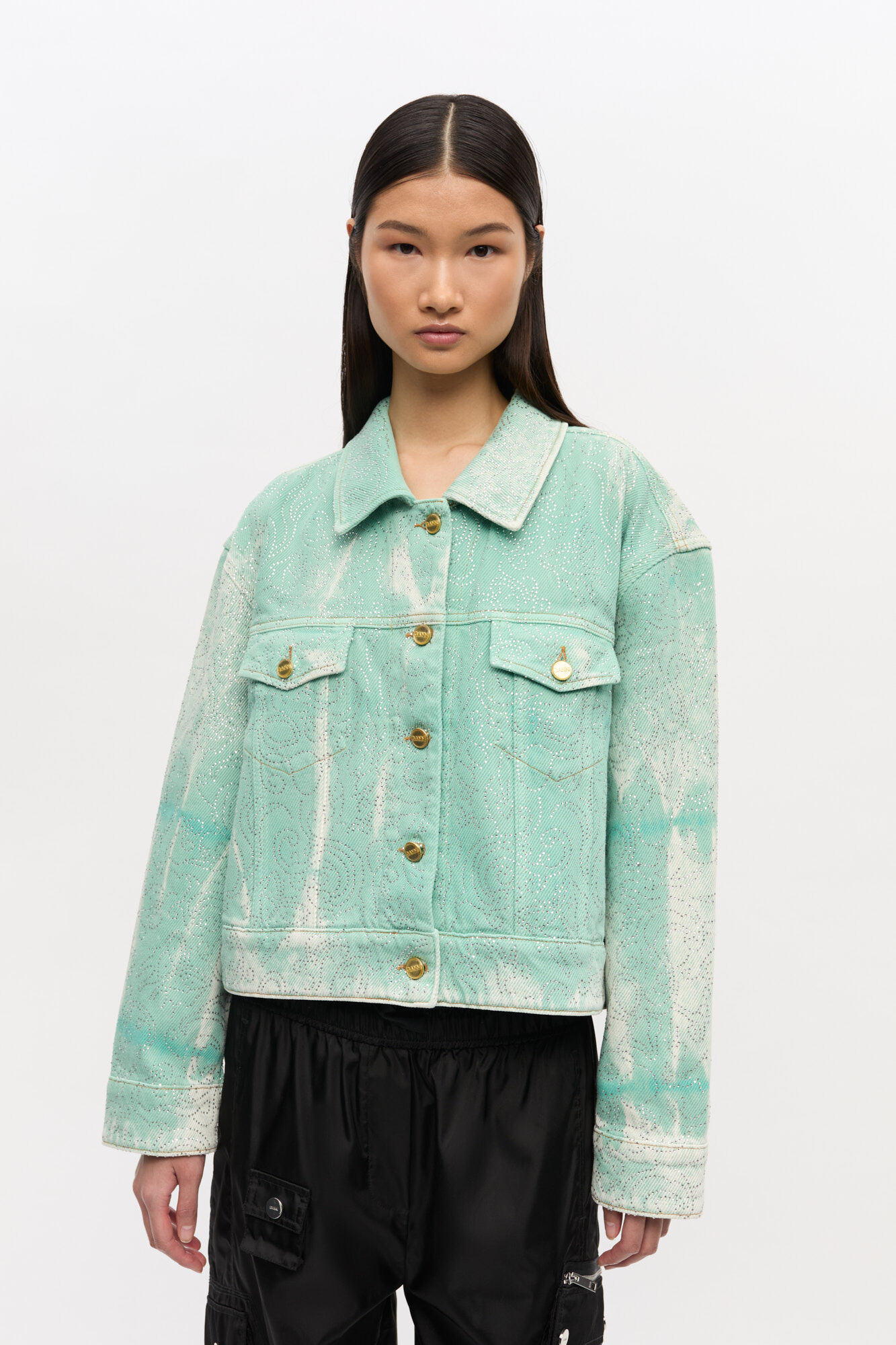 Green Washed Denim Jacket, Cotton, in colour Brook Green - 1 - GANNI