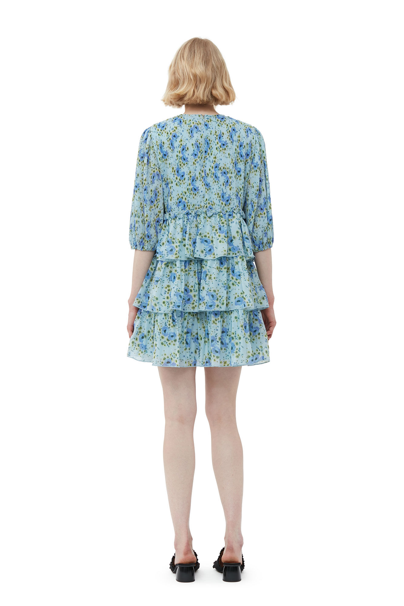 Pleated Georgette Mini Dress, Recycled Polyester, in colour Ice Water - 2 - GANNI