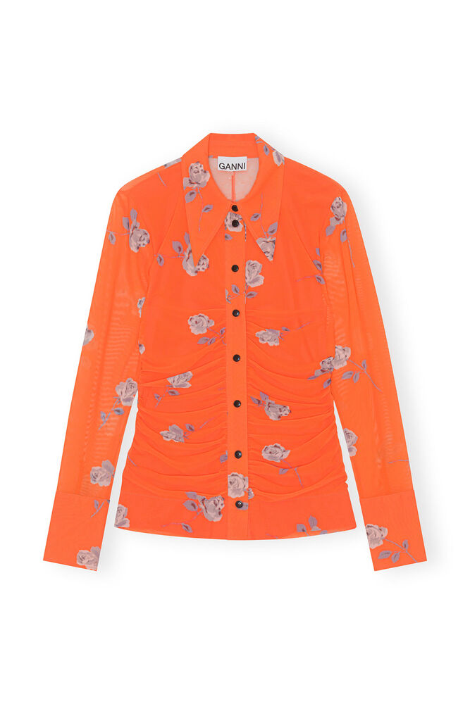Orange Printed Mesh Ruched Shirt, Orangeade