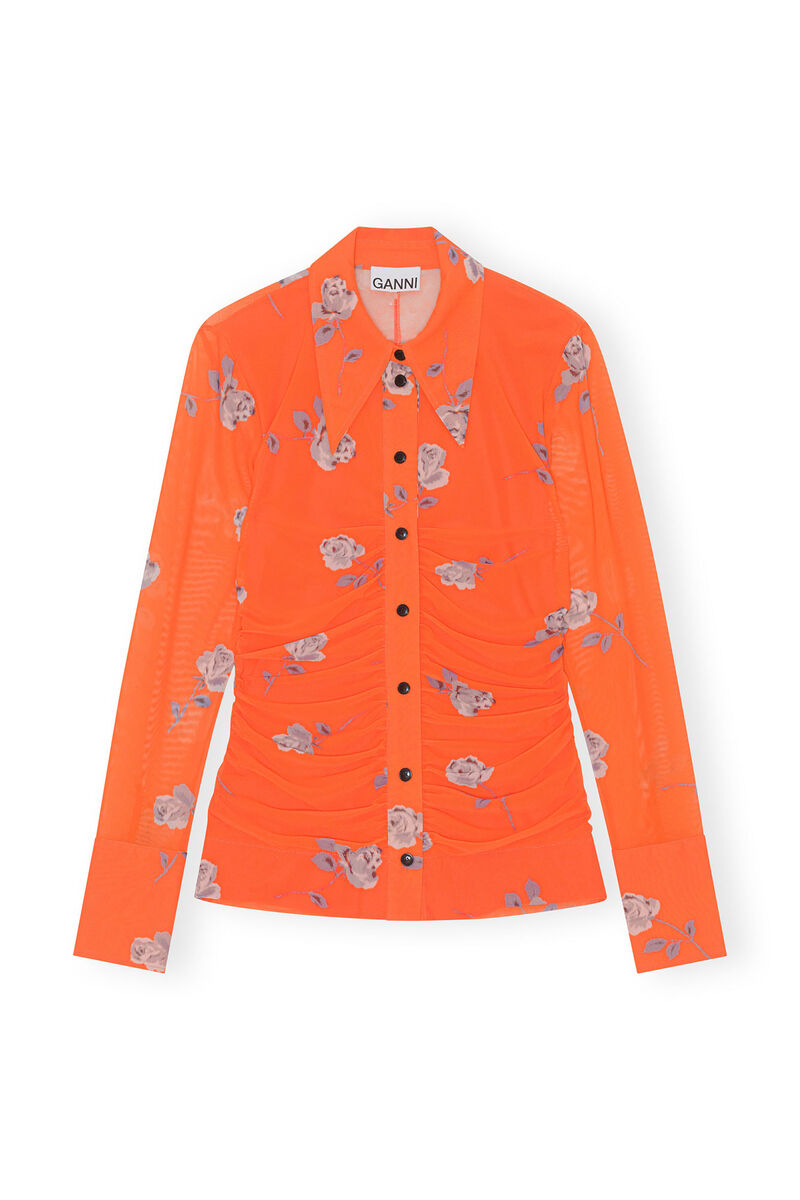 Orange Printed Mesh Ruched Shirt, Recycled Nylon, in colour Orangeade - 1 - GANNI