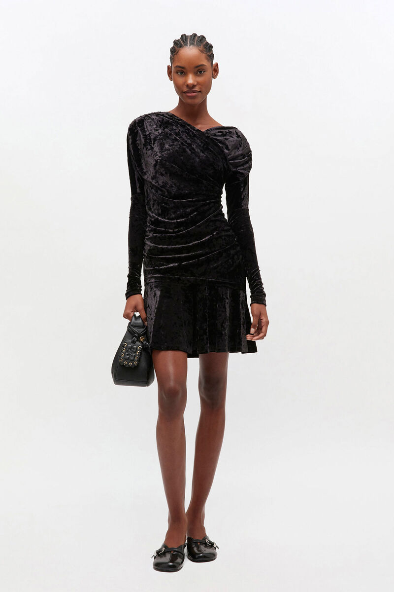 Black Ruched Mini Dress, Elastane, in colour Black - 1 - GANNI