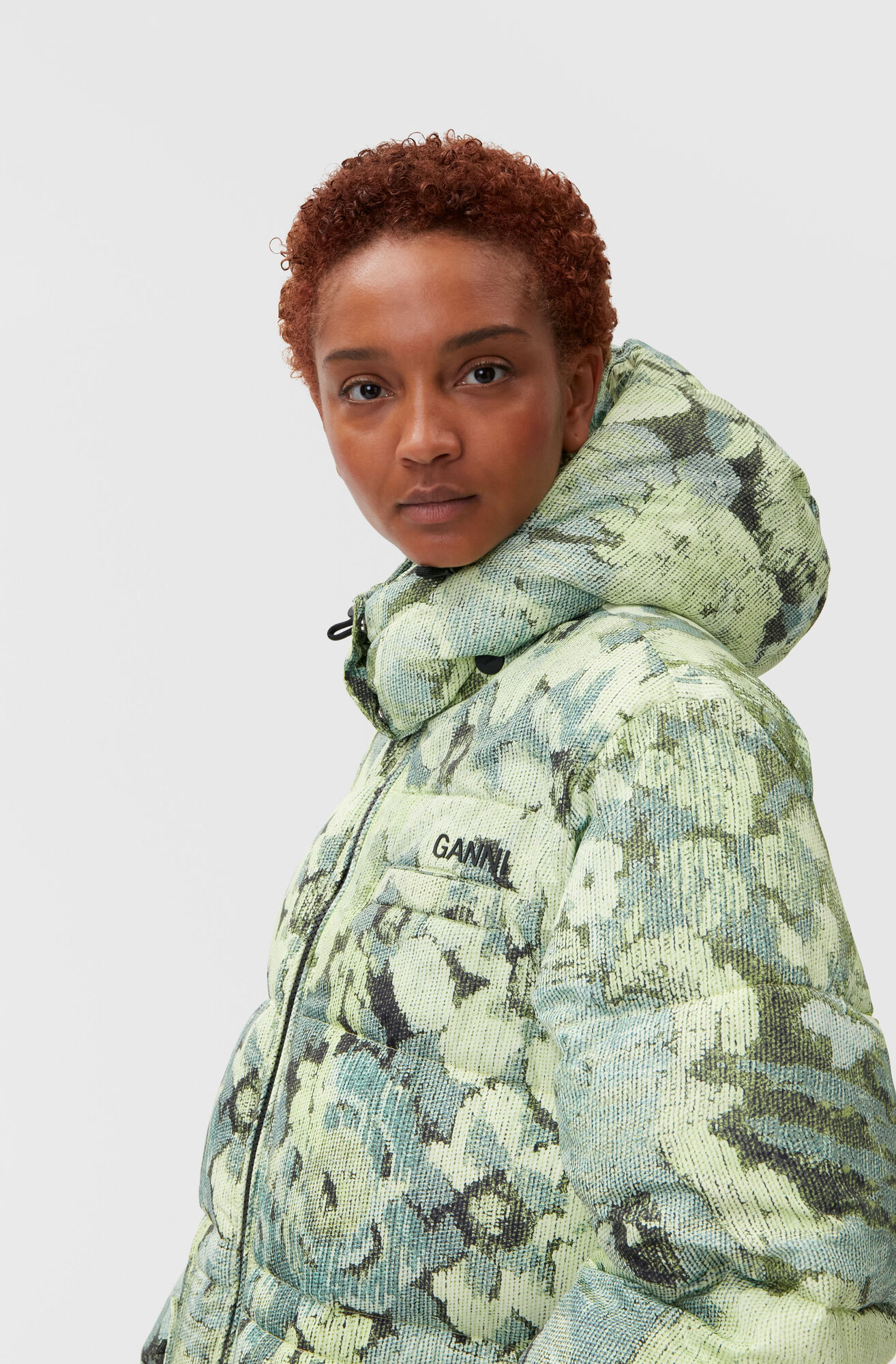 Tech Puffer Printed Oversized Puffer Midi Jacket, Recycled Polyester, in colour Margarita - 3 - GANNI