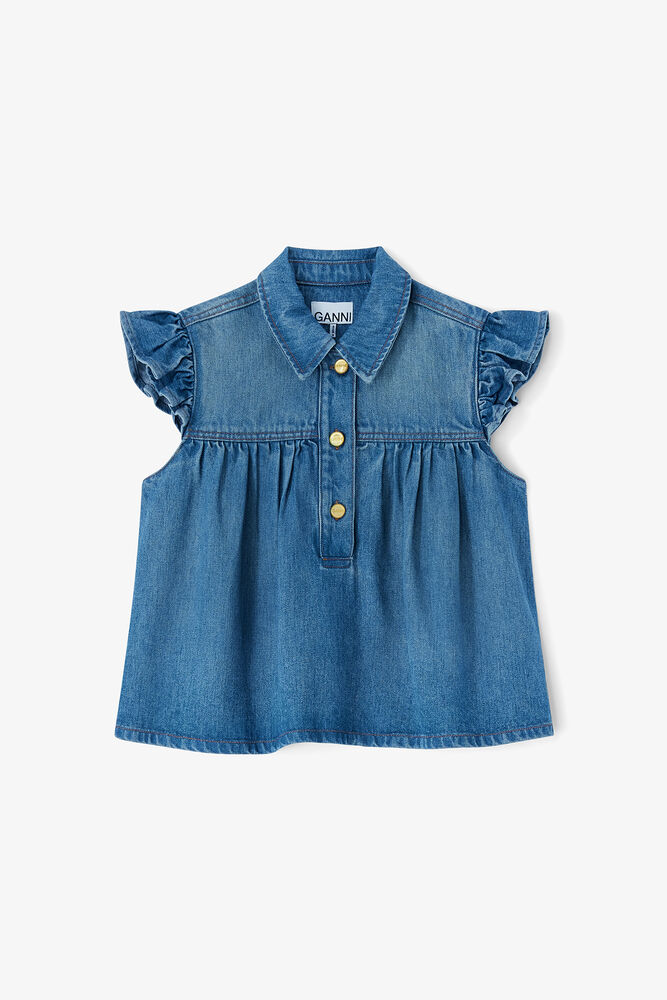 Top &agrave; volants en denim, Tint Wash