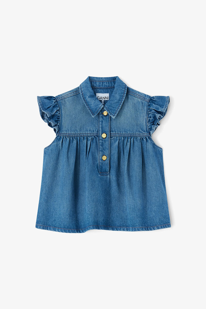 Denim Ruffle Top, Tencel, in colour Tint Wash - 1 - GANNI