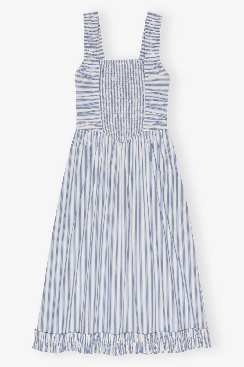 Blue Stripe Cotton Midi Strap Smock Dress, Cotton, in colour Egret - 1 - GANNI