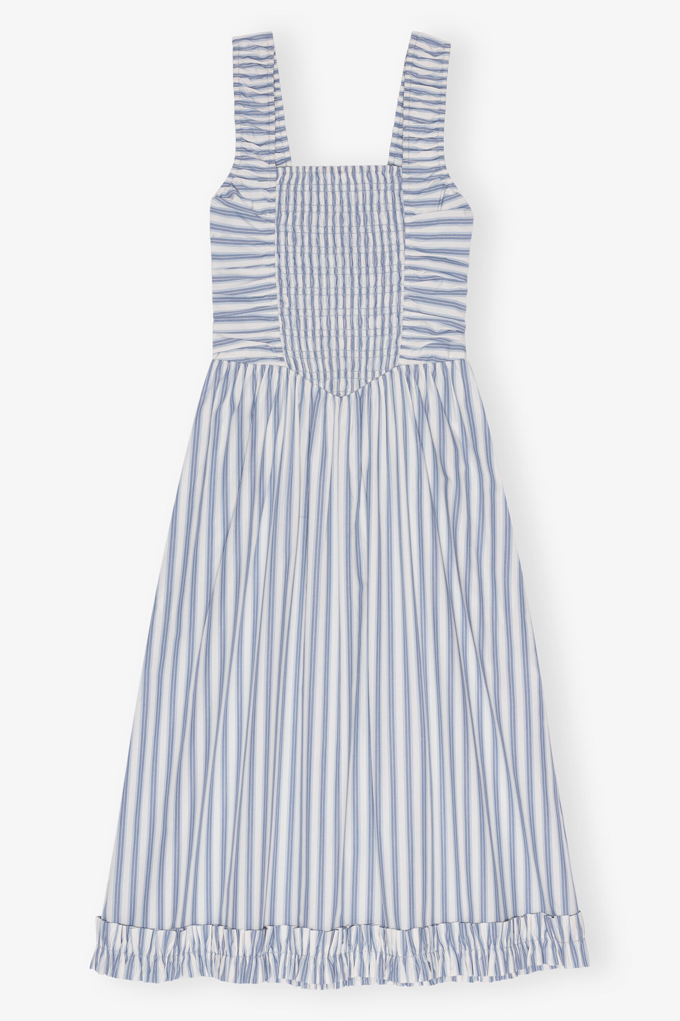 Blue Stripe Cotton Midi Strap Smock Dress, Cotton, in colour Egret - 1 - GANNI