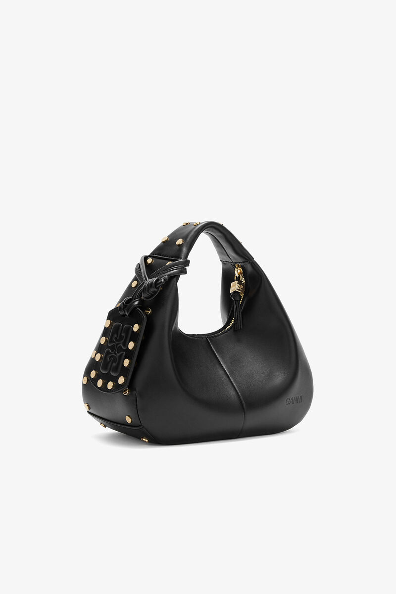 Mini Hobo Bag Studs in Black, Recycled Leather, in colour Black - 2 - GANNI