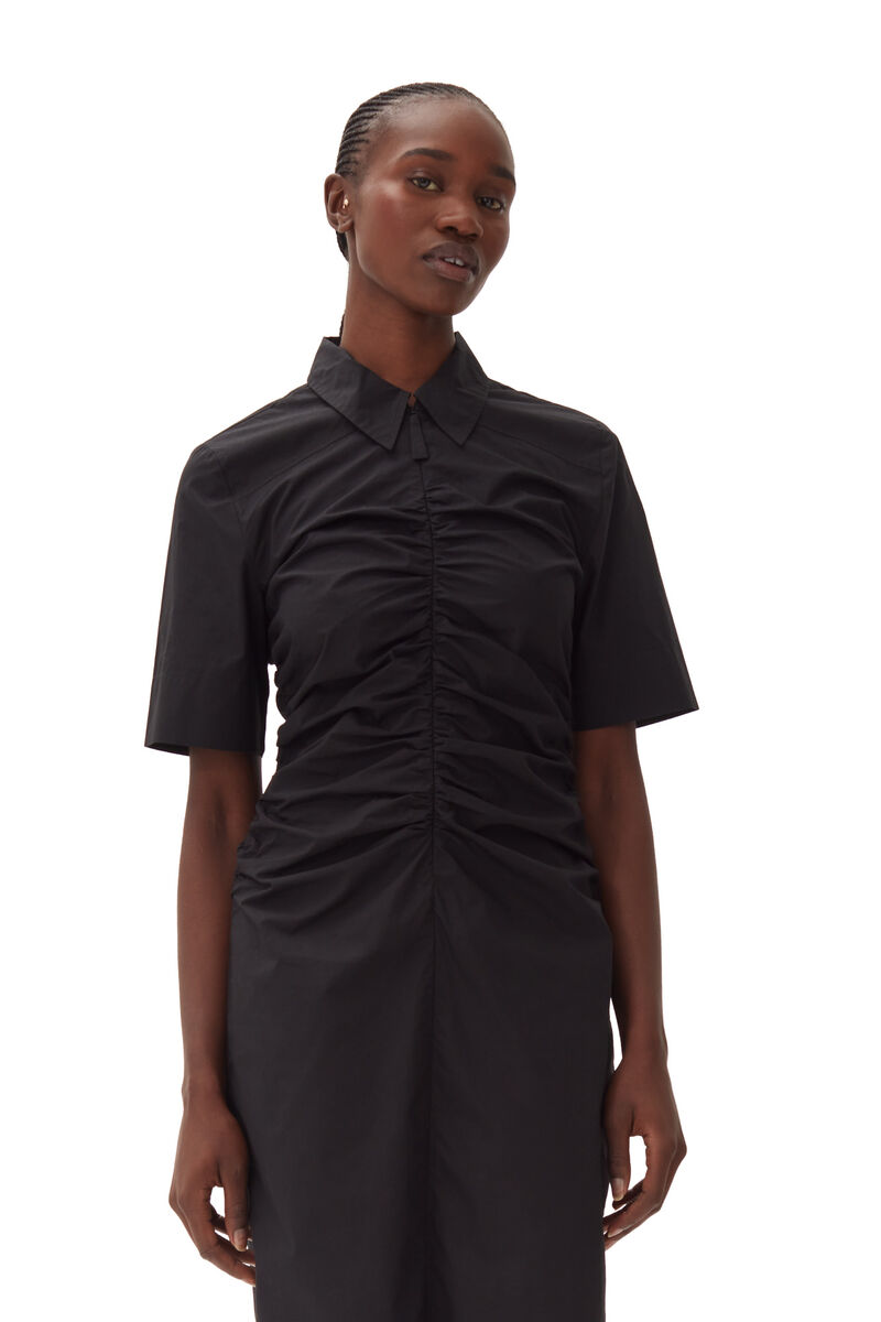 Black Cotton Poplin Gathered Midi Dress, Cotton, in colour Black - 2 - GANNI