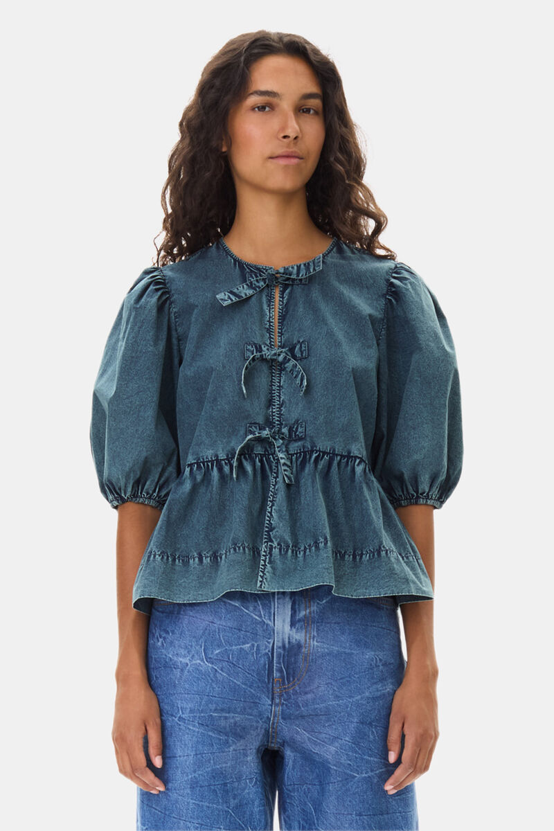 Blue Cotton Poplin Peplum Tie Blouse, Cotton, in colour Sky Captain - 1 - GANNI