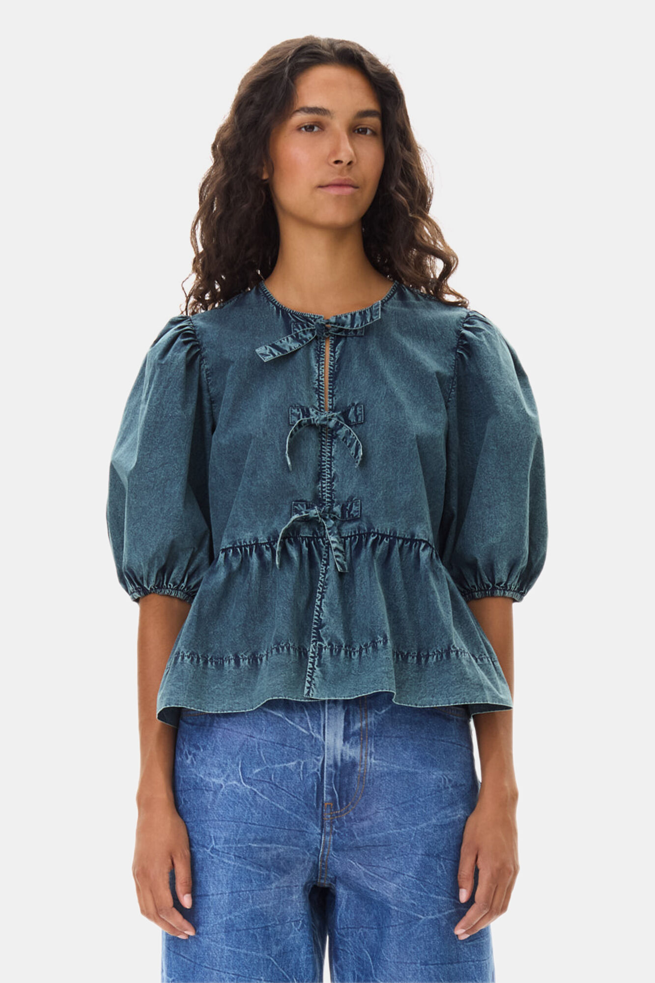 Blue Cotton Poplin Peplum Tie Blouse, Cotton, in colour Sky Captain - 1 - GANNI