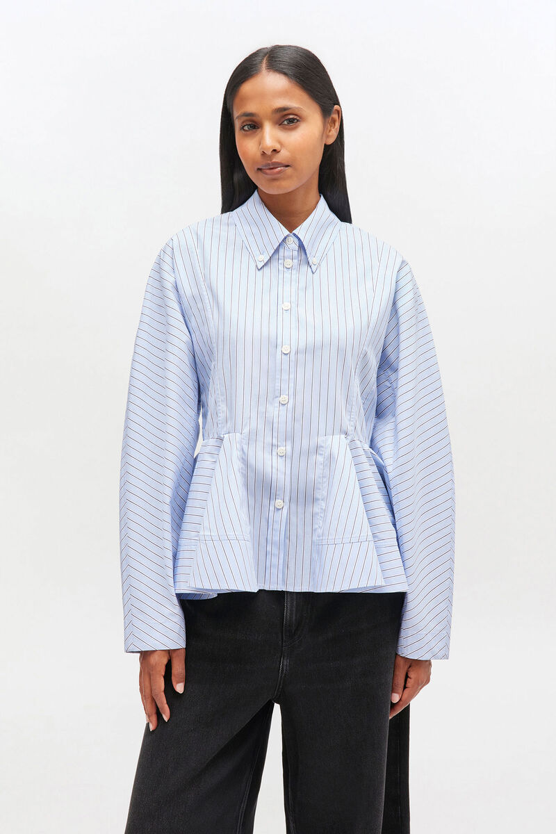 Blue Stripe Peplum Shirt, Cotton, in colour Lavender Lustre - 1 - GANNI