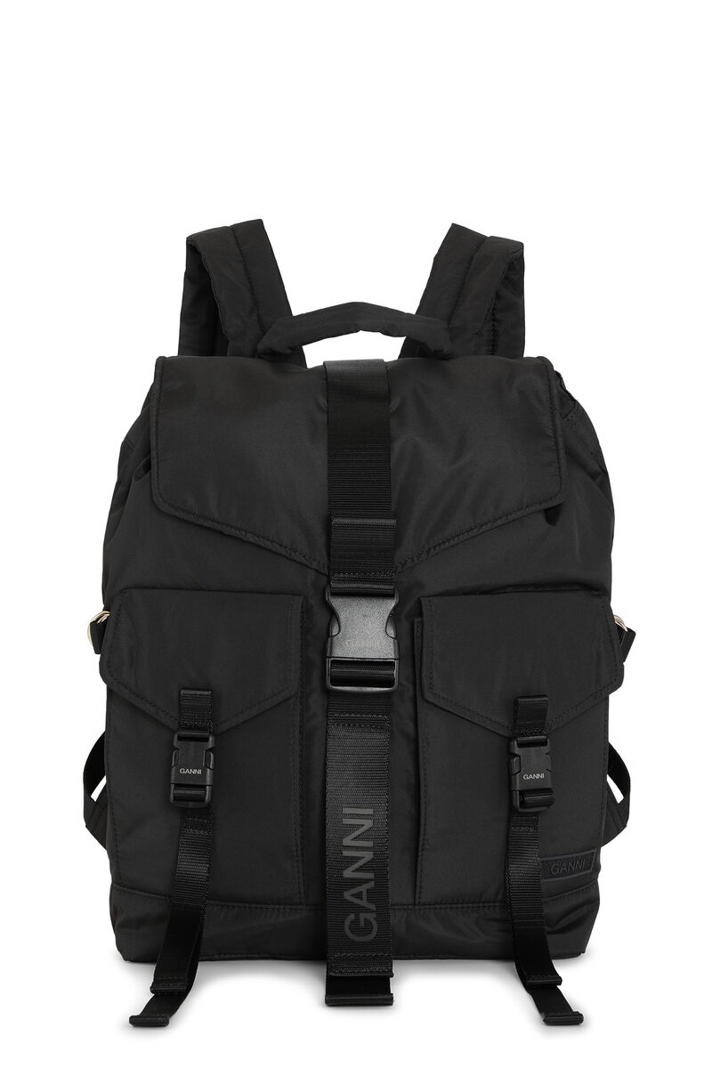 Black Tech Backpack, Recycled Polyester, in colour Black - 1 - GANNI