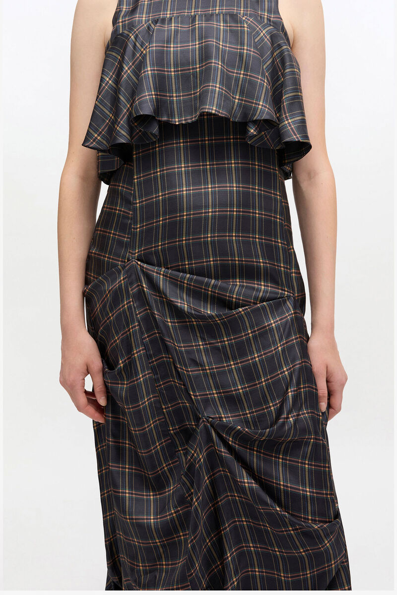 Check Ruffle Dress, Silk, in colour Charcole Art - 3 - GANNI