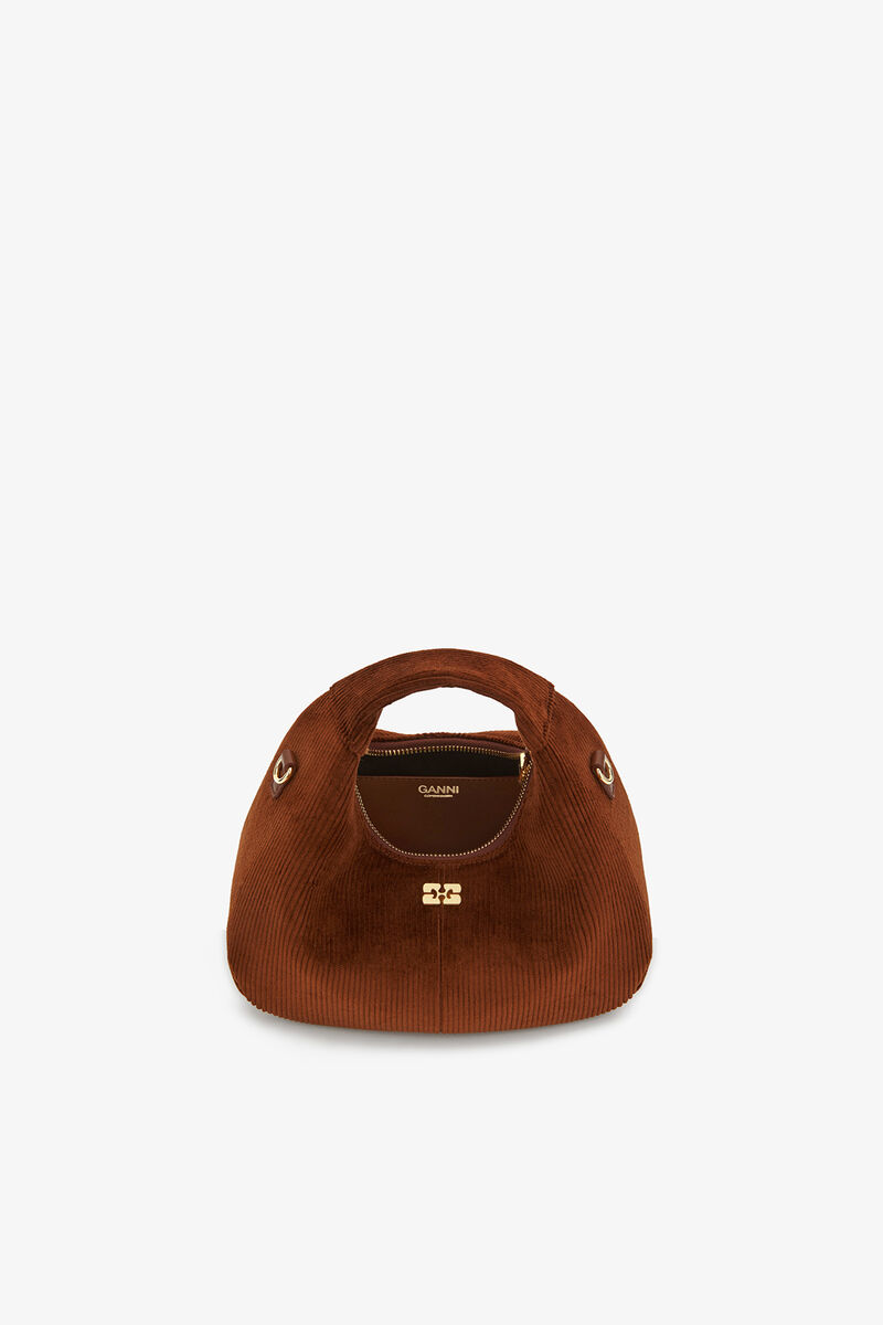 Mini Hobo Bag in Brown Corduroy, Organic Cotton, in colour Tortoise Shell - 3 - GANNI