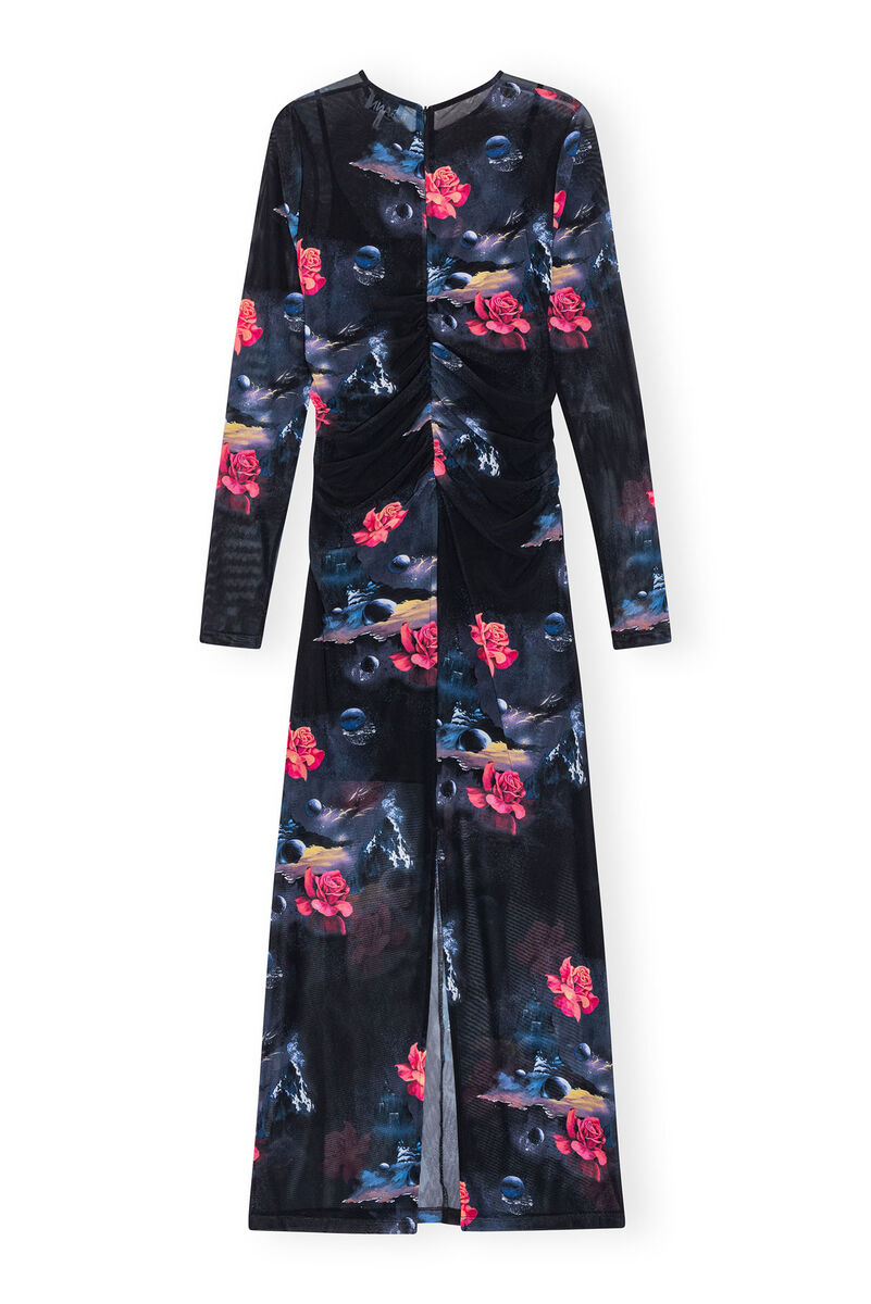 Black Printed Mesh O-neck Ruched Long Kleid | GANNI DE