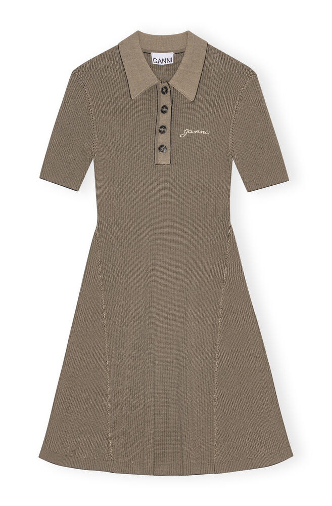 Brown Melange Knit Short Sleeve Mini Dress, Safari
