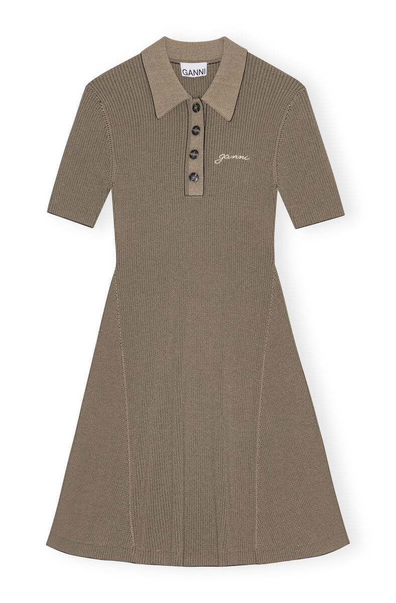 Brown Melange Knit Short Sleeve Mini-kjole, Elastane, in colour Safari - 1 - GANNI