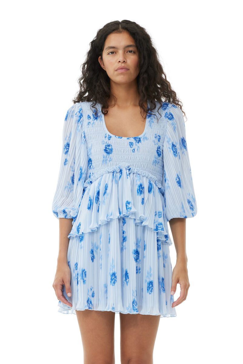 Robe Blue Pleated Georgette Flounce Smock Mini, Recycled Polyester, in colour Heather - 2 - GANNI